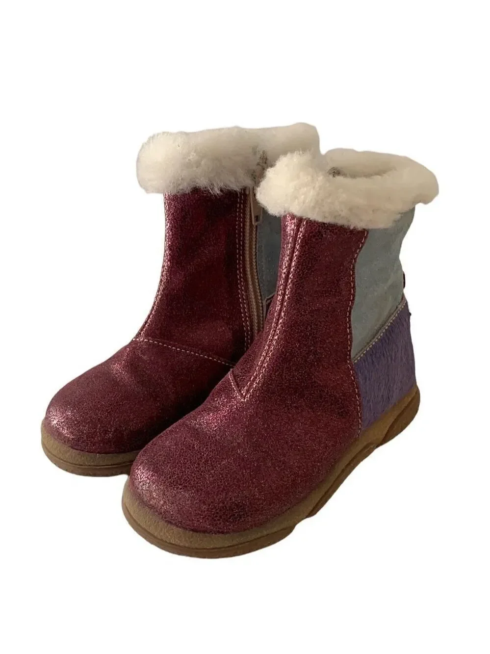 Mokine Toddler Genuine Leather Faux Fur Boots Purple Blue Made in Italy Size 6